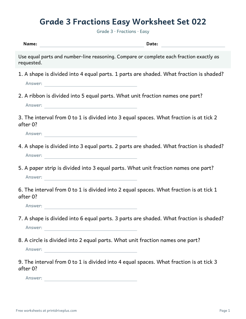 Preview of Grade 3 Fractions Easy Worksheet Set 022
