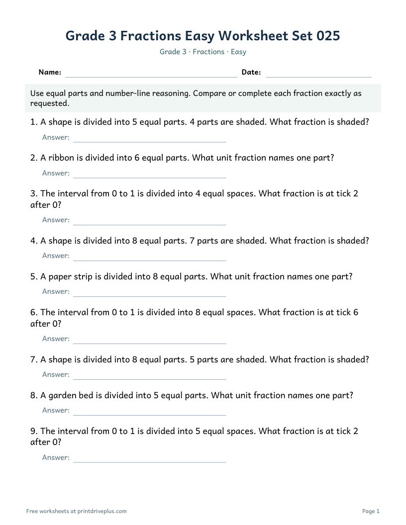 Preview of Grade 3 Fractions Easy Worksheet Set 025