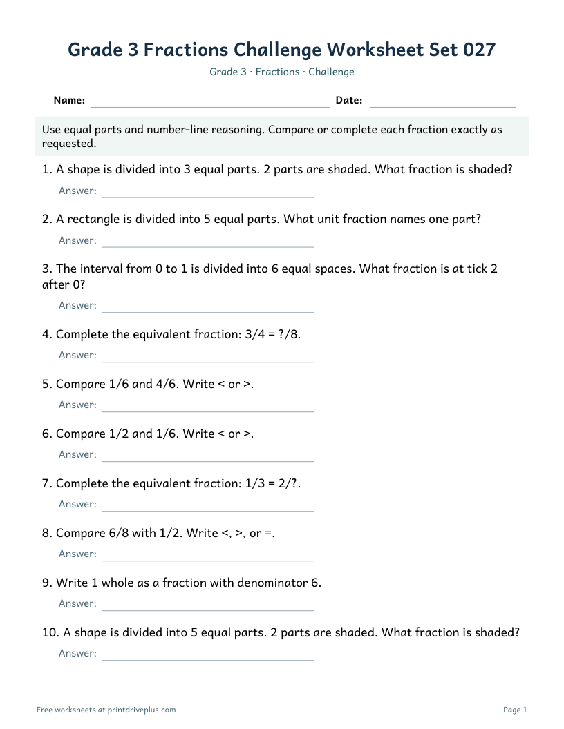 Preview of Grade 3 Fractions Challenge Worksheet Set 027