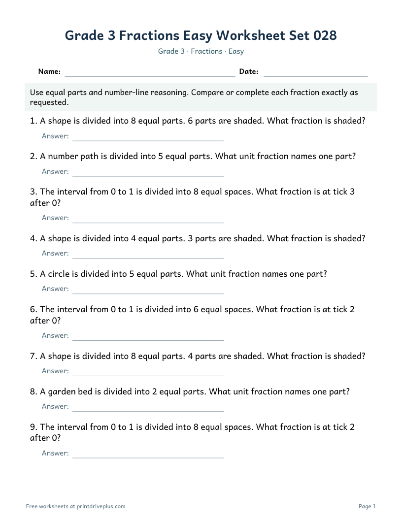 Preview of Grade 3 Fractions Easy Worksheet Set 028