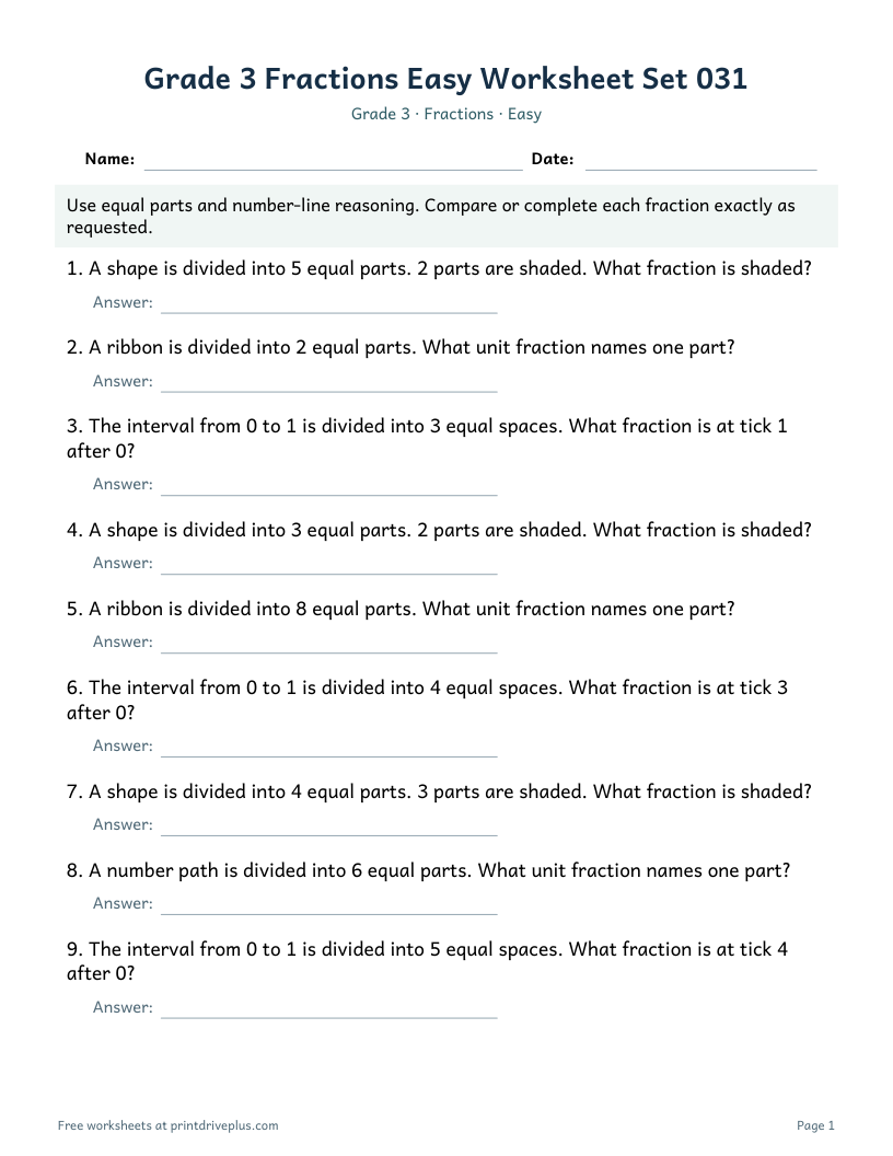 Preview of Grade 3 Fractions Easy Worksheet Set 031