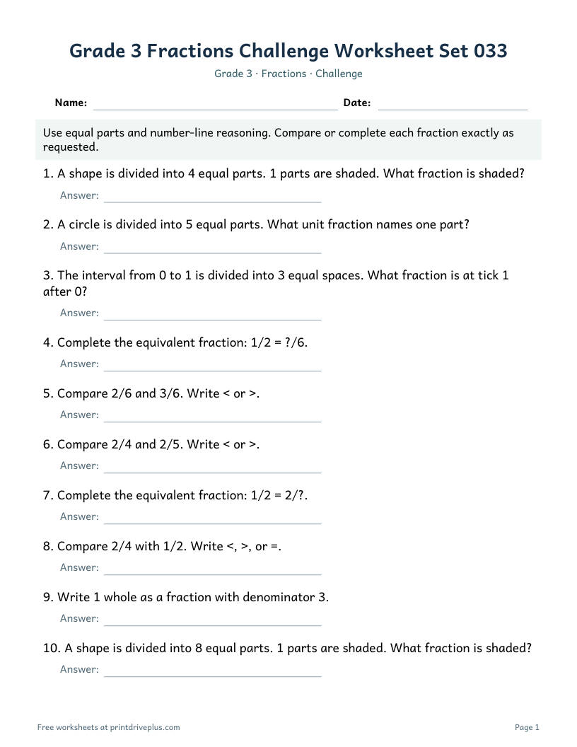 Preview of Grade 3 Fractions Challenge Worksheet Set 033