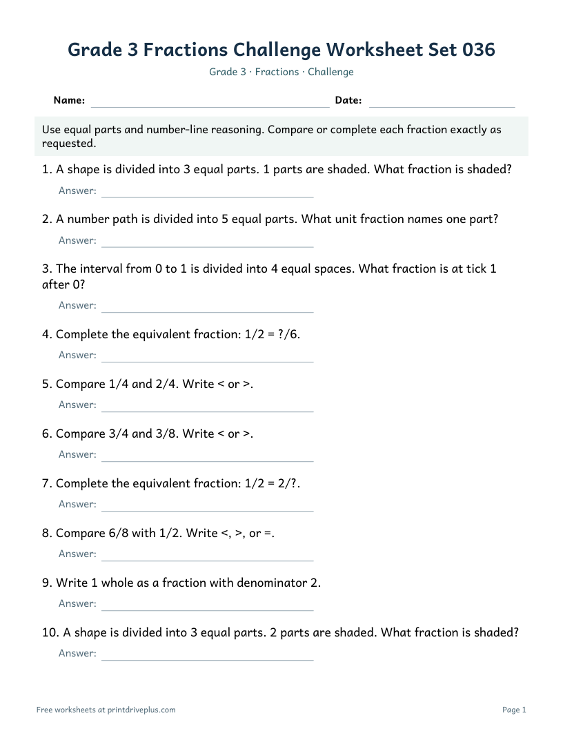 Preview of Grade 3 Fractions Challenge Worksheet Set 036