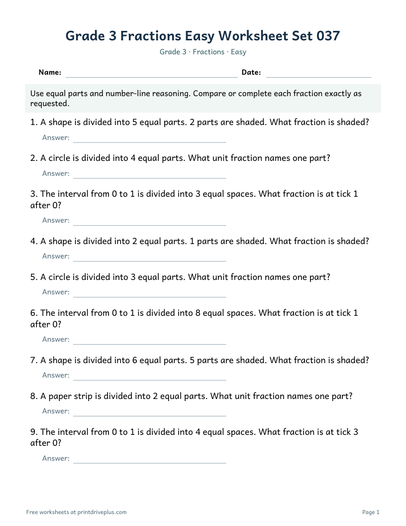Preview of Grade 3 Fractions Easy Worksheet Set 037