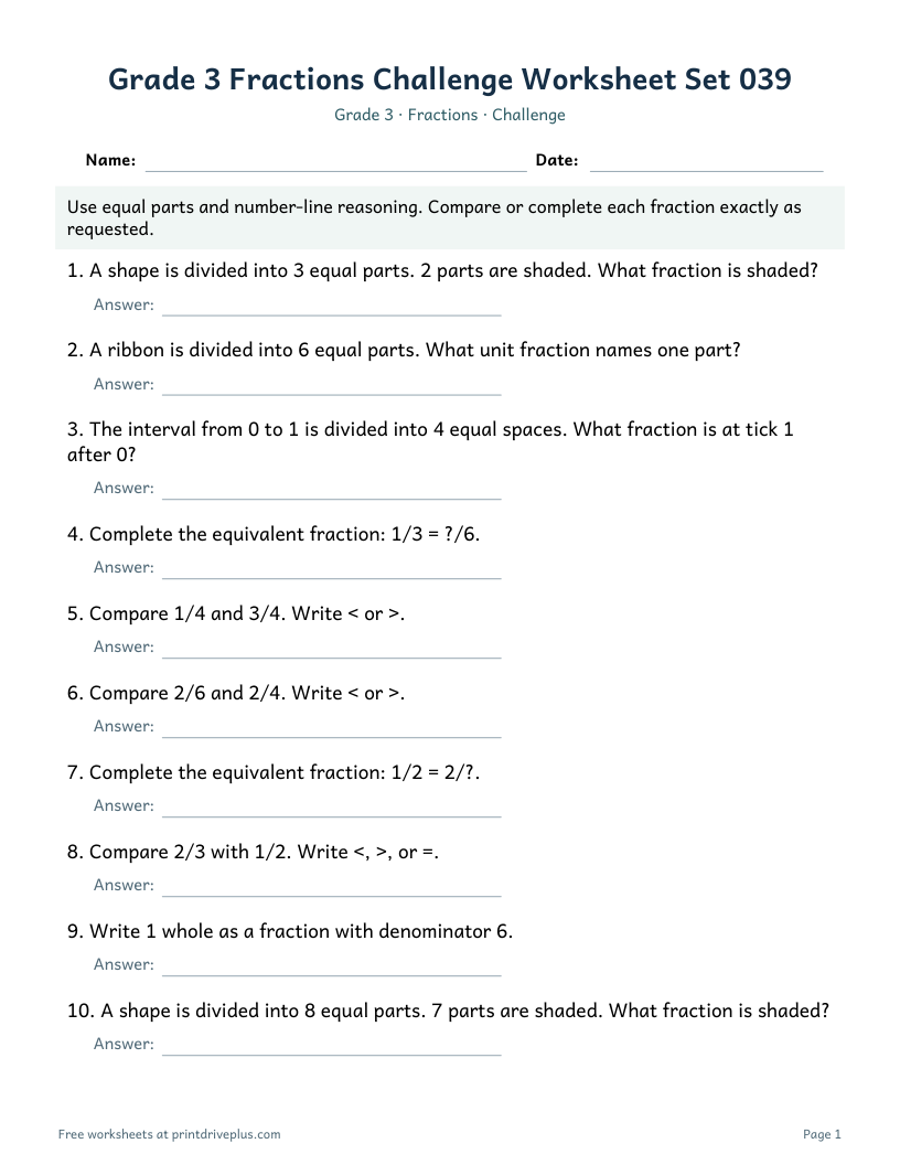 Preview of Grade 3 Fractions Challenge Worksheet Set 039