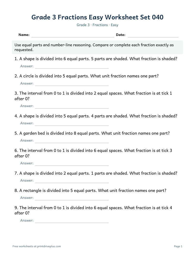 Preview of Grade 3 Fractions Easy Worksheet Set 040