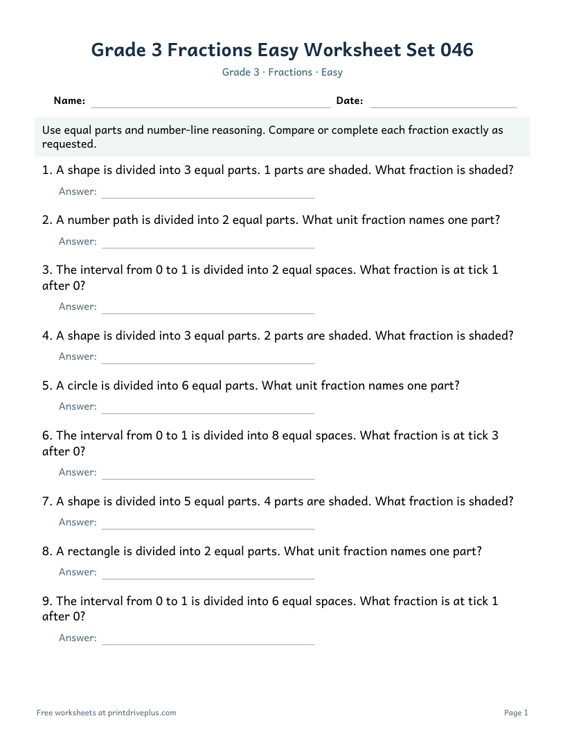 Preview of Grade 3 Fractions Easy Worksheet Set 046