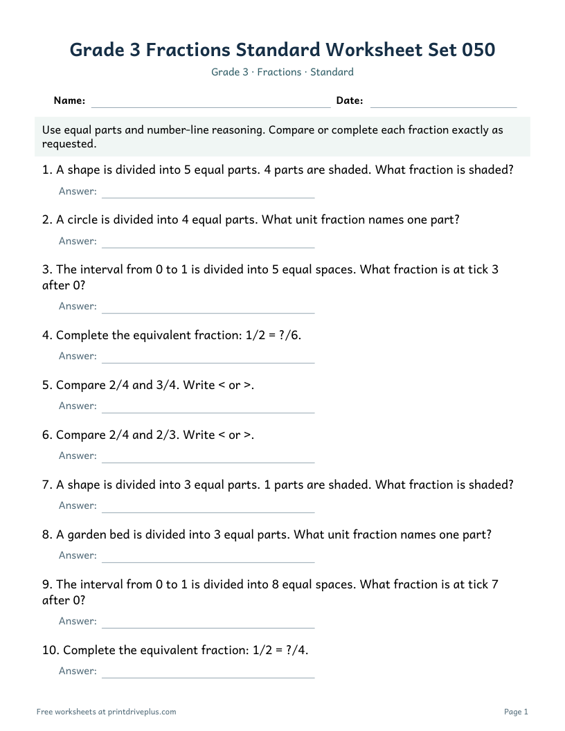 Preview of Grade 3 Fractions Standard Worksheet Set 050