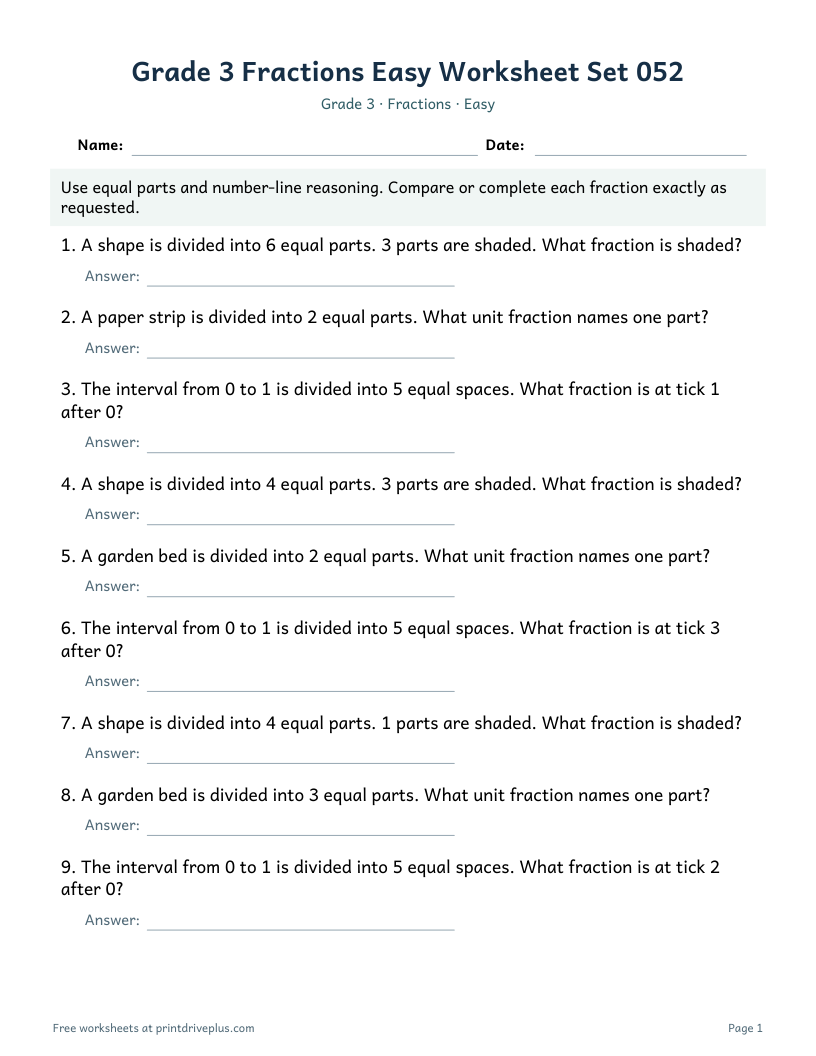 Preview of Grade 3 Fractions Easy Worksheet Set 052