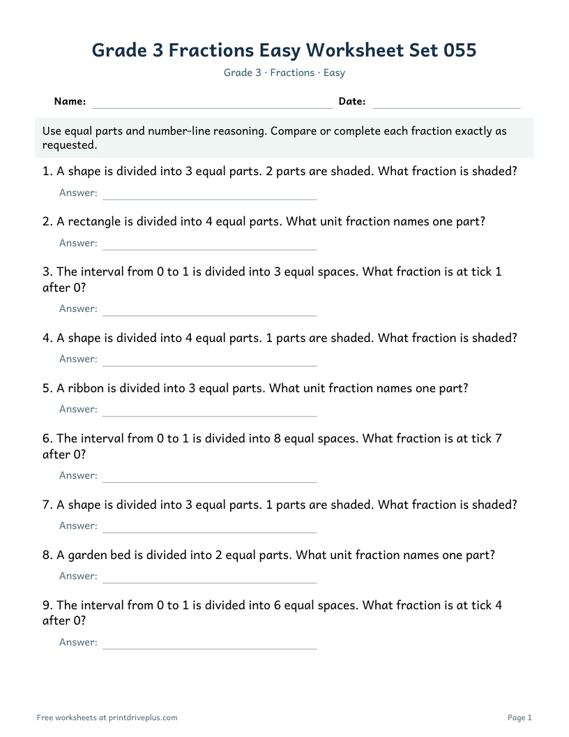 Preview of Grade 3 Fractions Easy Worksheet Set 055