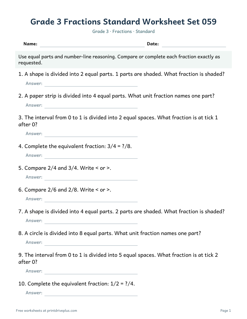 Preview of Grade 3 Fractions Standard Worksheet Set 059