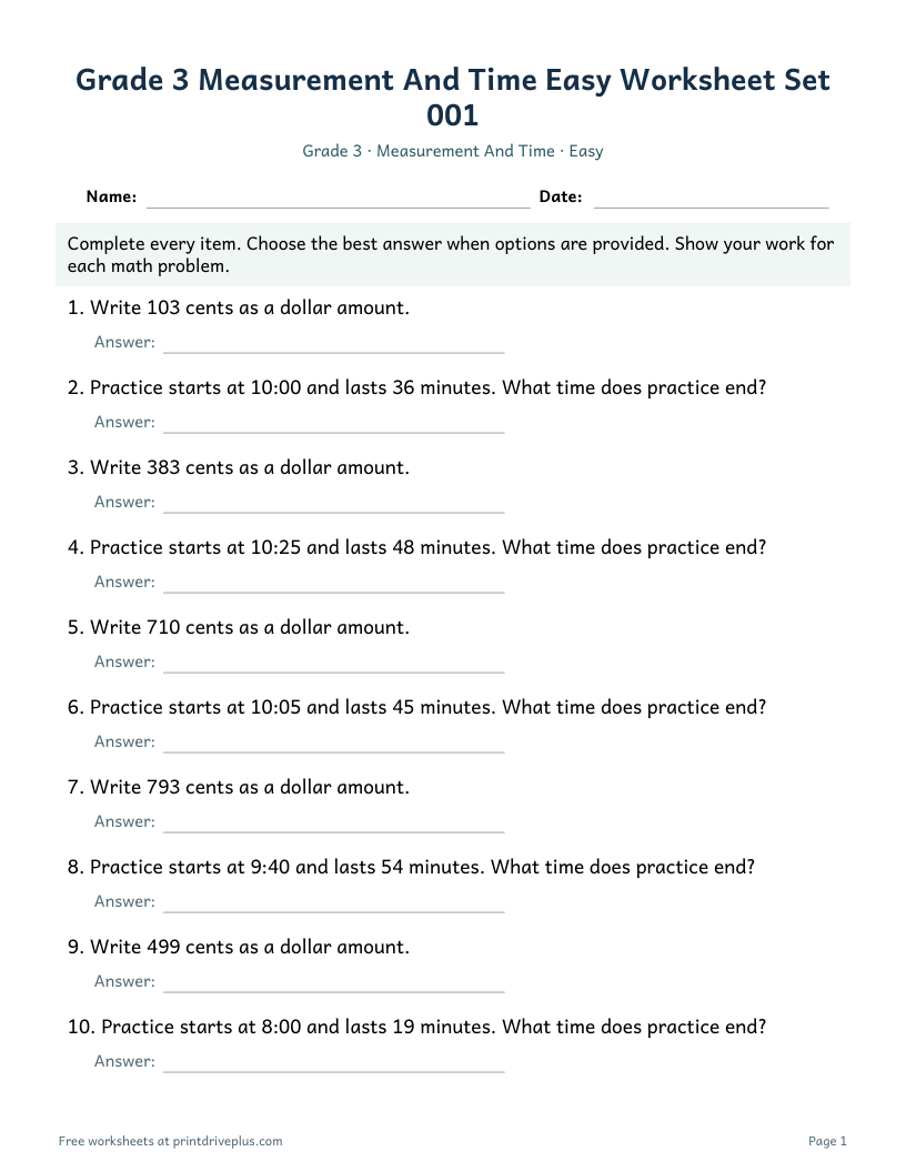 Preview of Grade 3 Measurement And Time Easy Worksheet Set 001