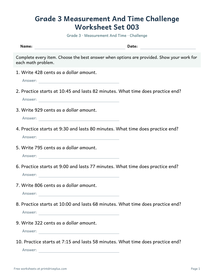 Preview of Grade 3 Measurement And Time Challenge Worksheet Set 003