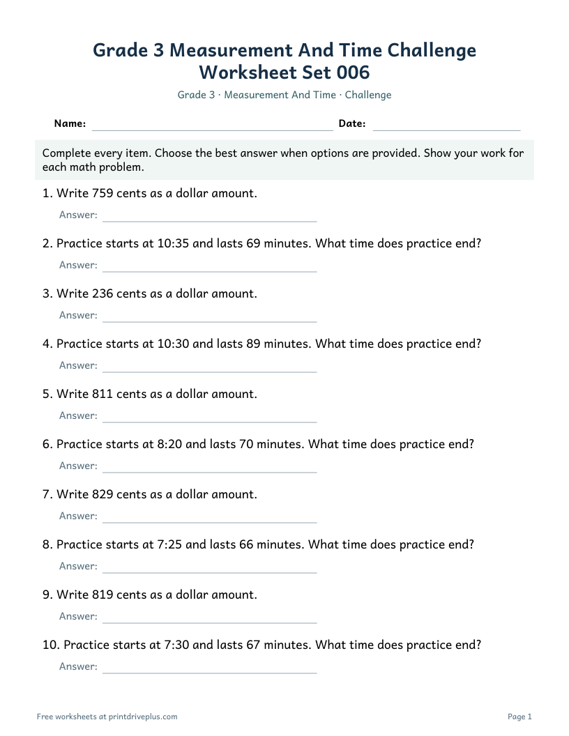 Preview of Grade 3 Measurement And Time Challenge Worksheet Set 006
