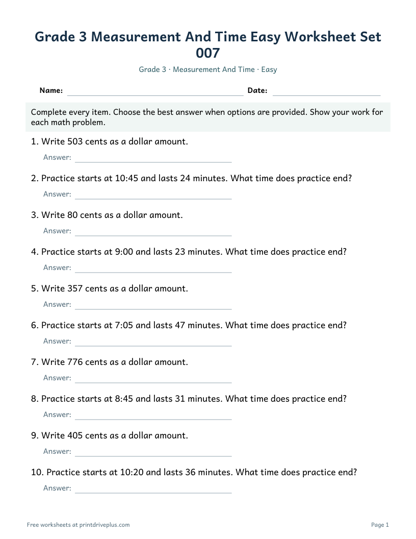 Preview of Grade 3 Measurement And Time Easy Worksheet Set 007