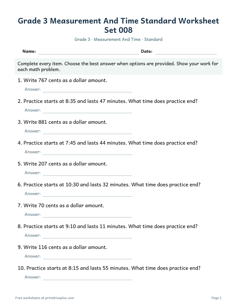 Preview of Grade 3 Measurement And Time Standard Worksheet Set 008