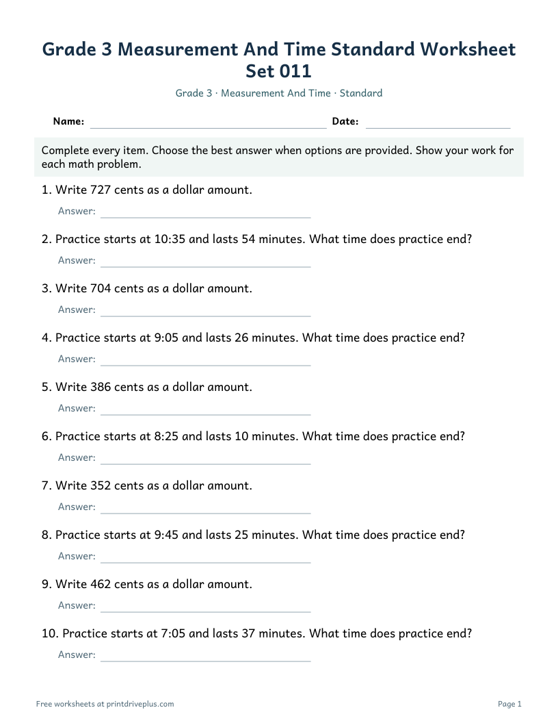 Preview of Grade 3 Measurement And Time Standard Worksheet Set 011