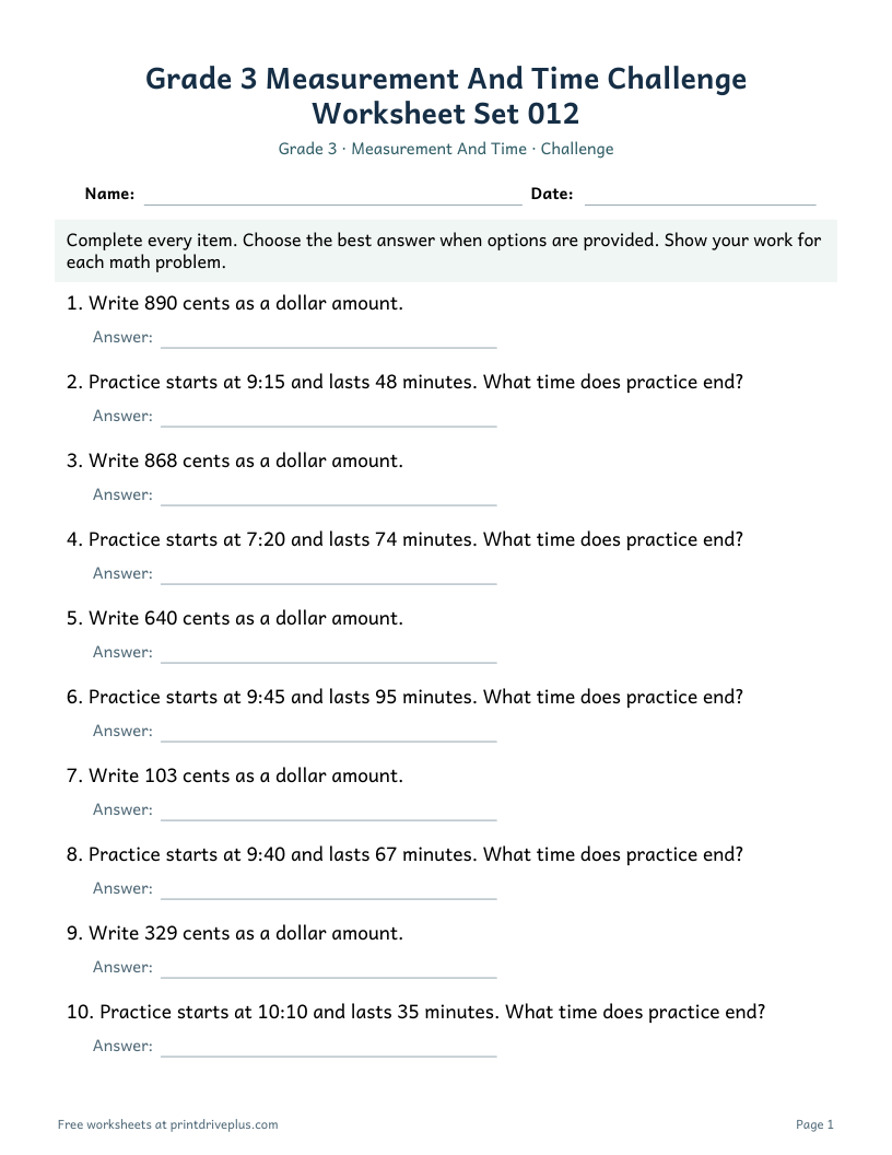 Preview of Grade 3 Measurement And Time Challenge Worksheet Set 012