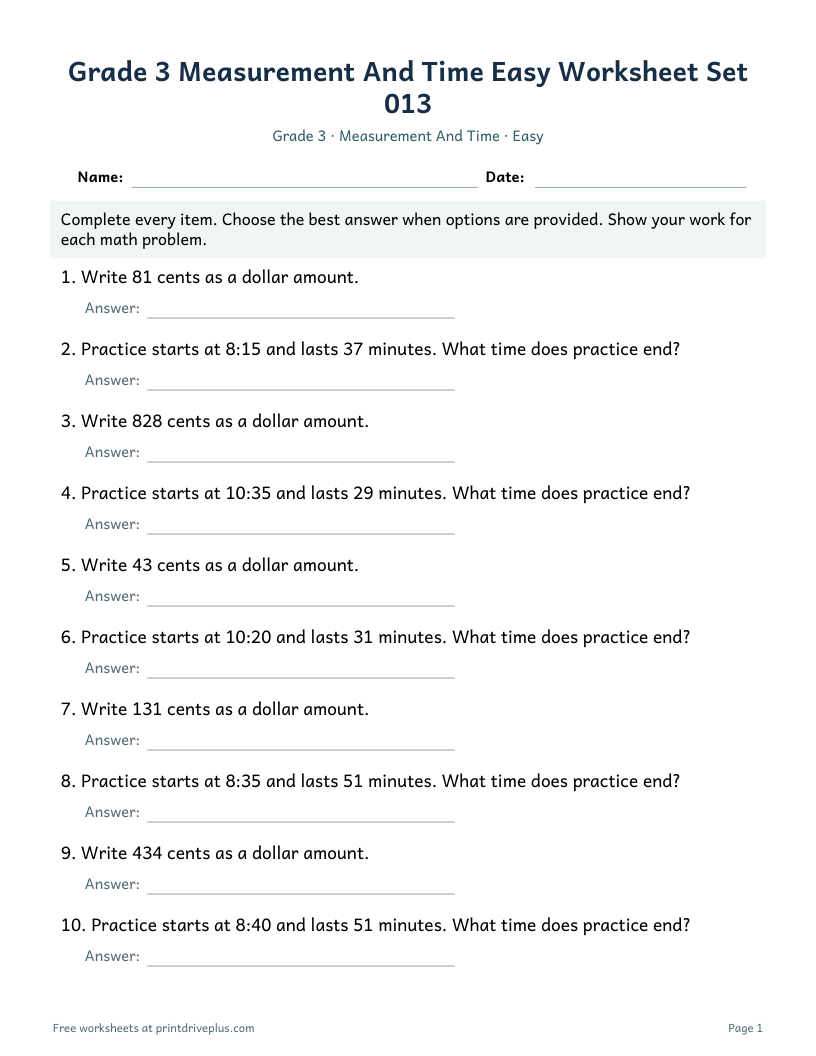 Preview of Grade 3 Measurement And Time Easy Worksheet Set 013