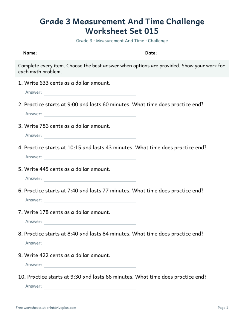 Preview of Grade 3 Measurement And Time Challenge Worksheet Set 015