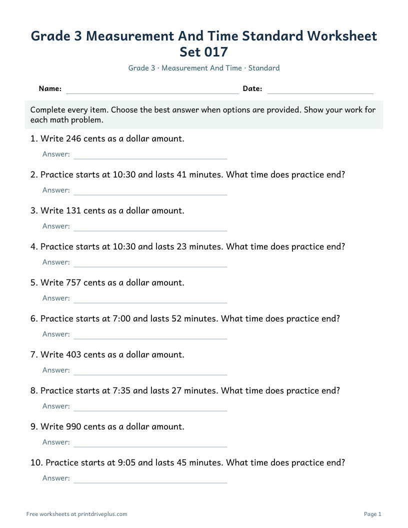 Preview of Grade 3 Measurement And Time Standard Worksheet Set 017