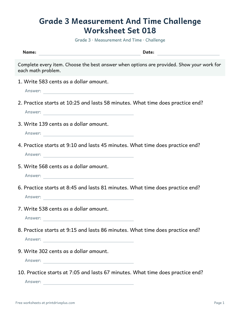 Preview of Grade 3 Measurement And Time Challenge Worksheet Set 018