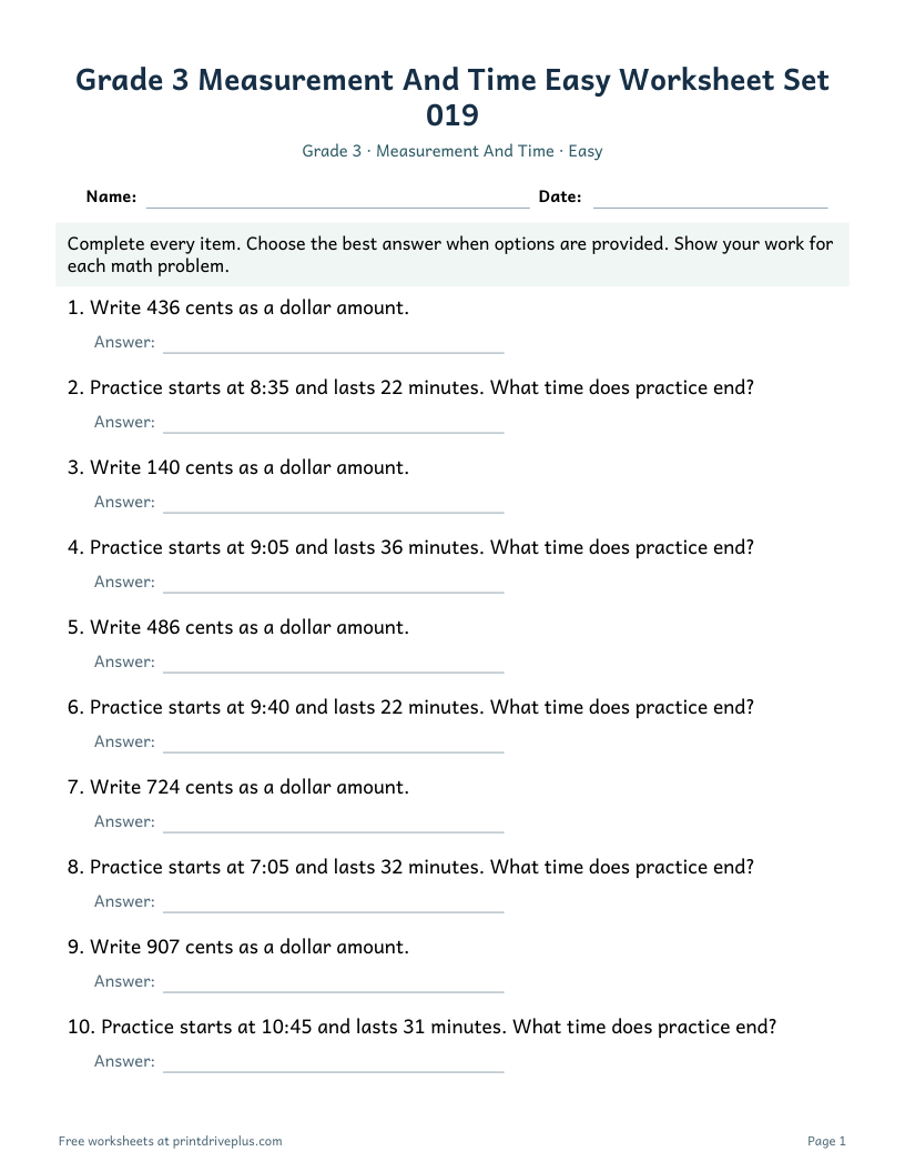 Preview of Grade 3 Measurement And Time Easy Worksheet Set 019