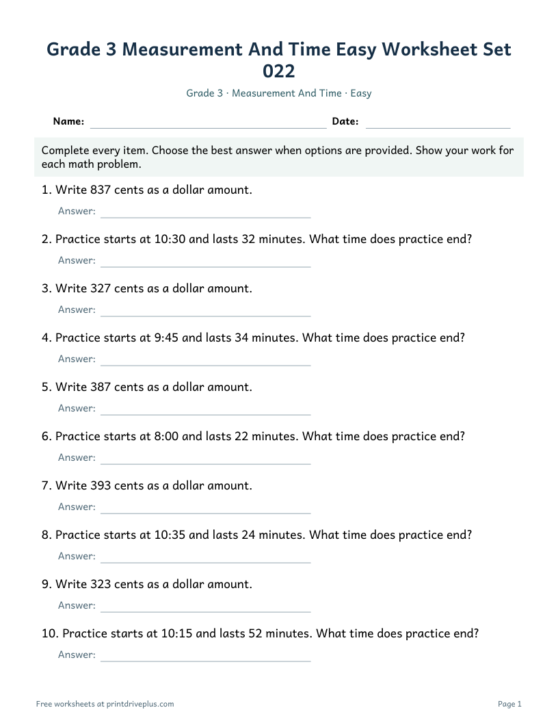 Preview of Grade 3 Measurement And Time Easy Worksheet Set 022