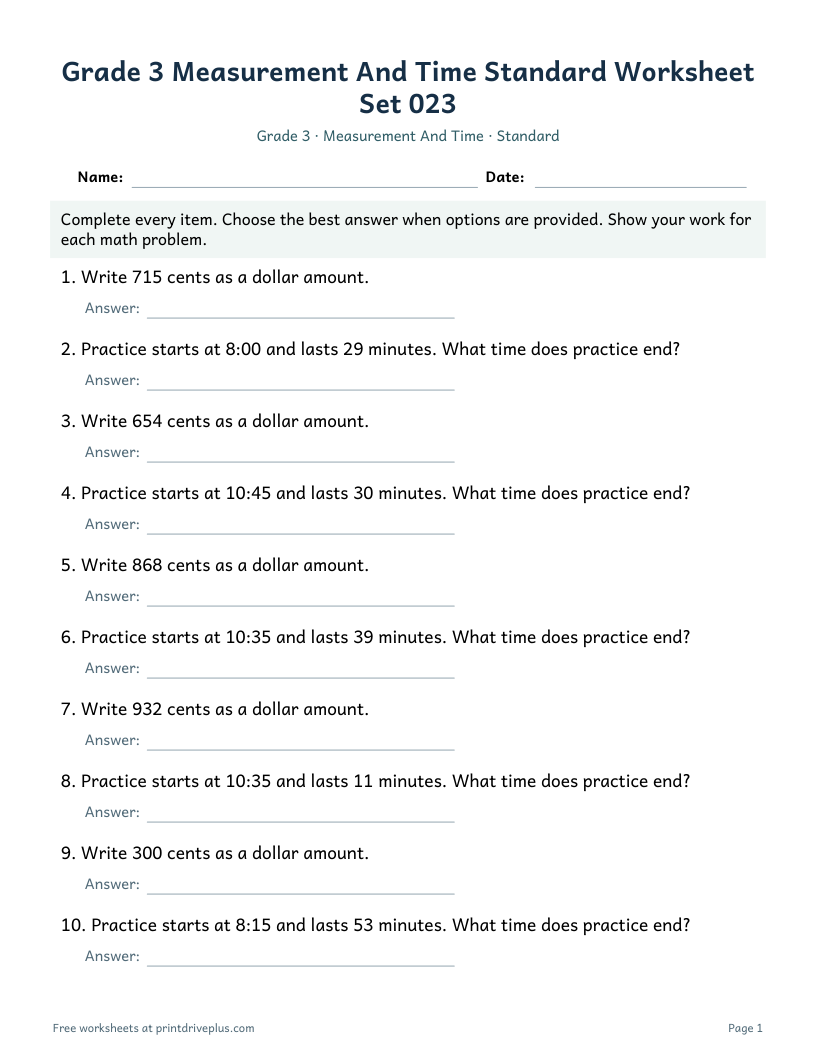 Preview of Grade 3 Measurement And Time Standard Worksheet Set 023