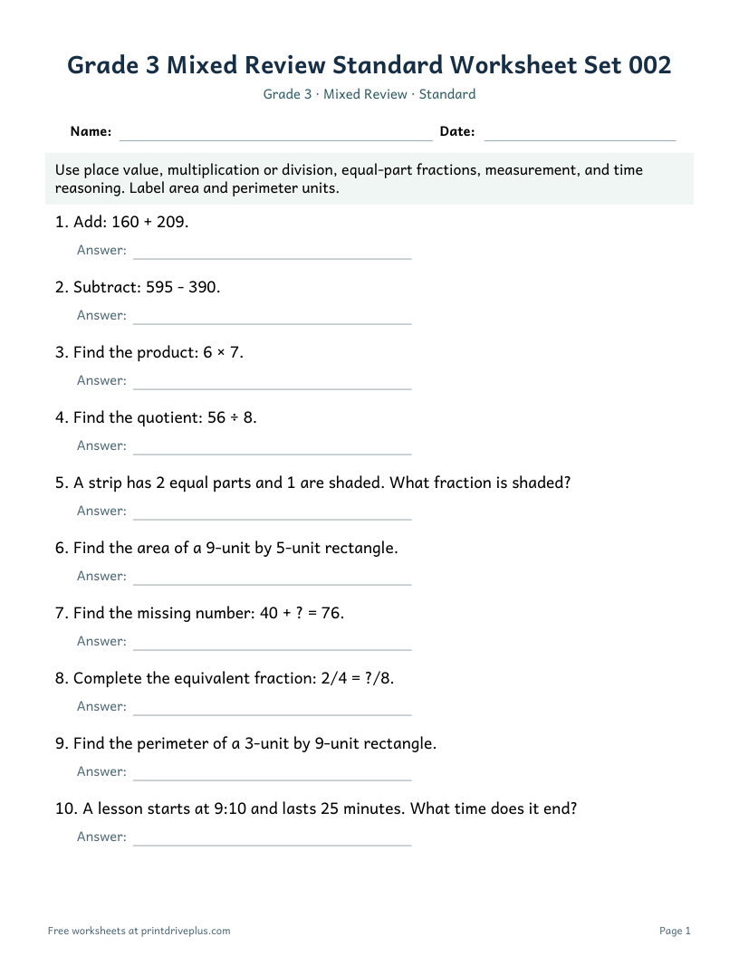 Preview of Grade 3 Mixed Review Standard Worksheet Set 002