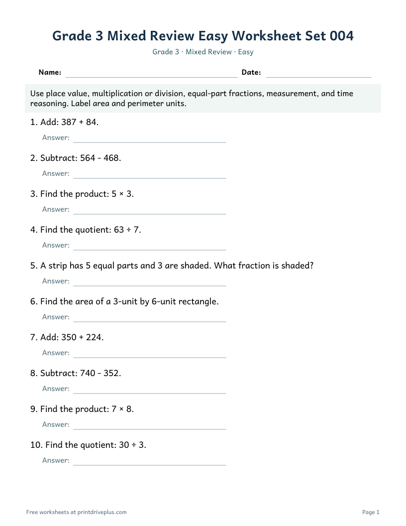Preview of Grade 3 Mixed Review Easy Worksheet Set 004