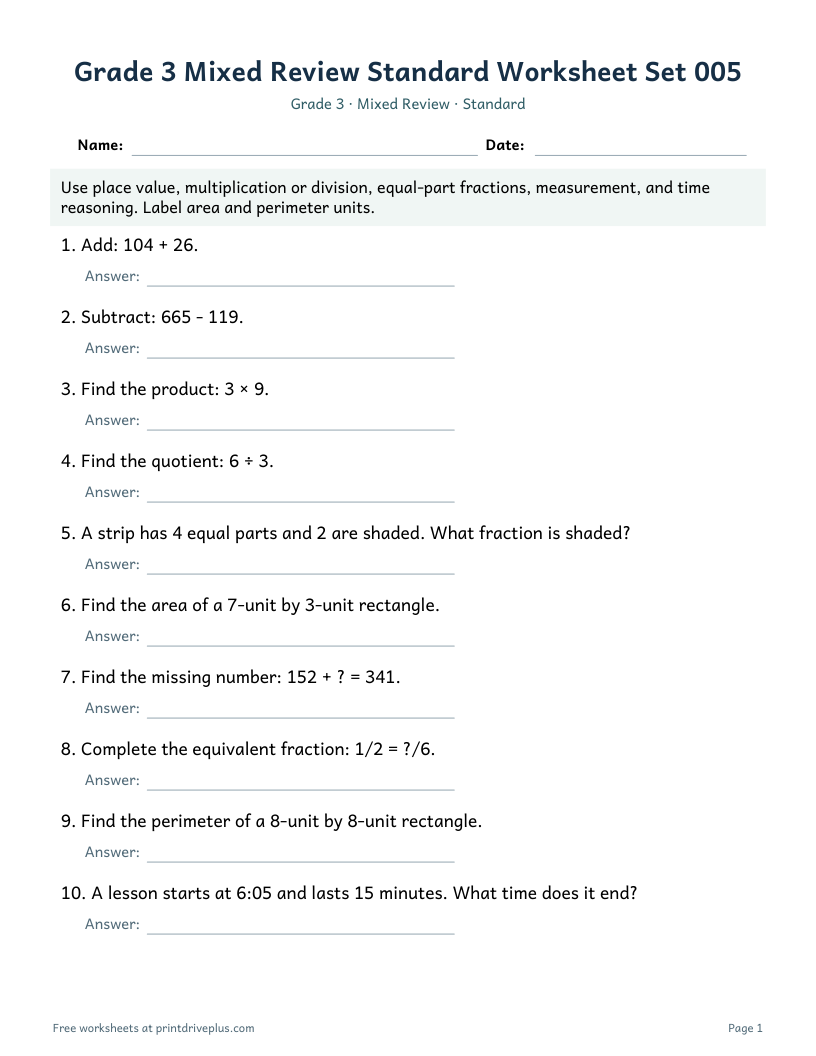 Preview of Grade 3 Mixed Review Standard Worksheet Set 005