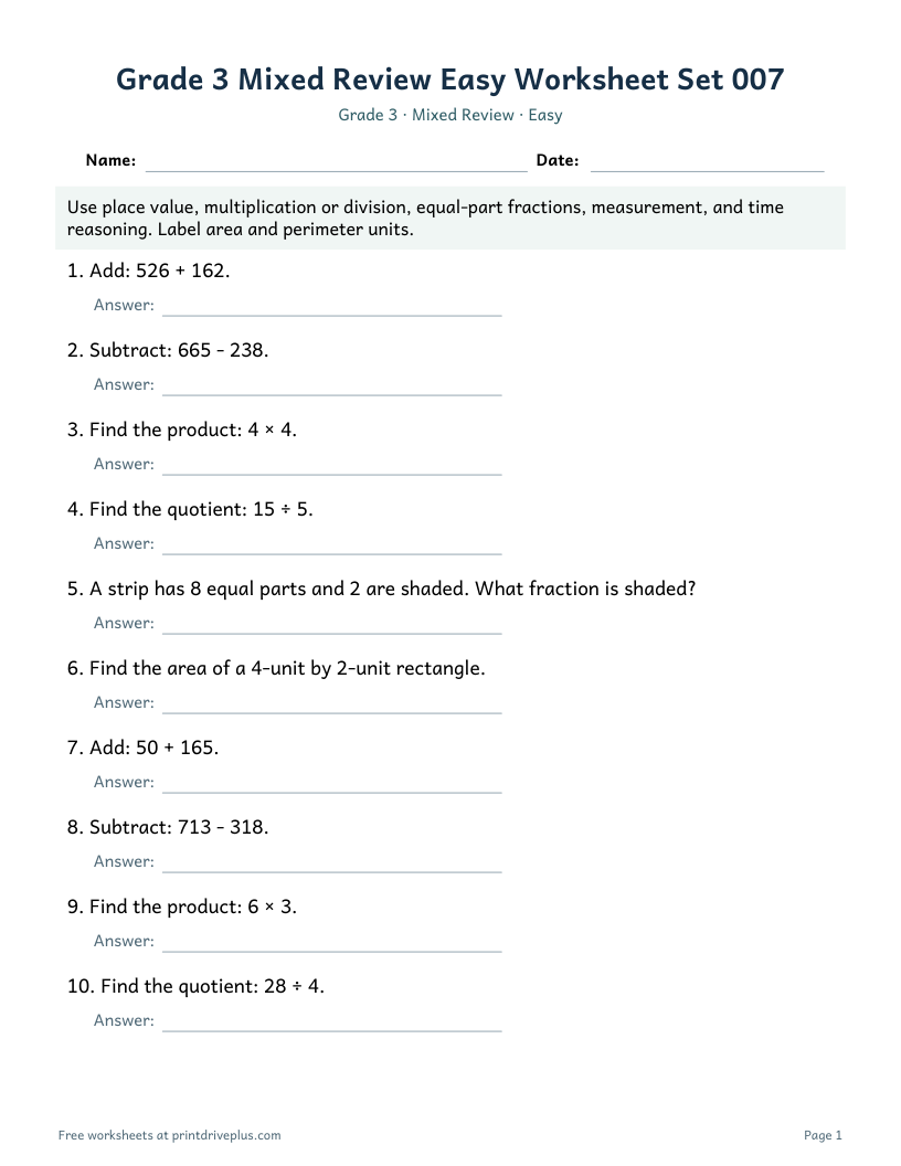 Preview of Grade 3 Mixed Review Easy Worksheet Set 007