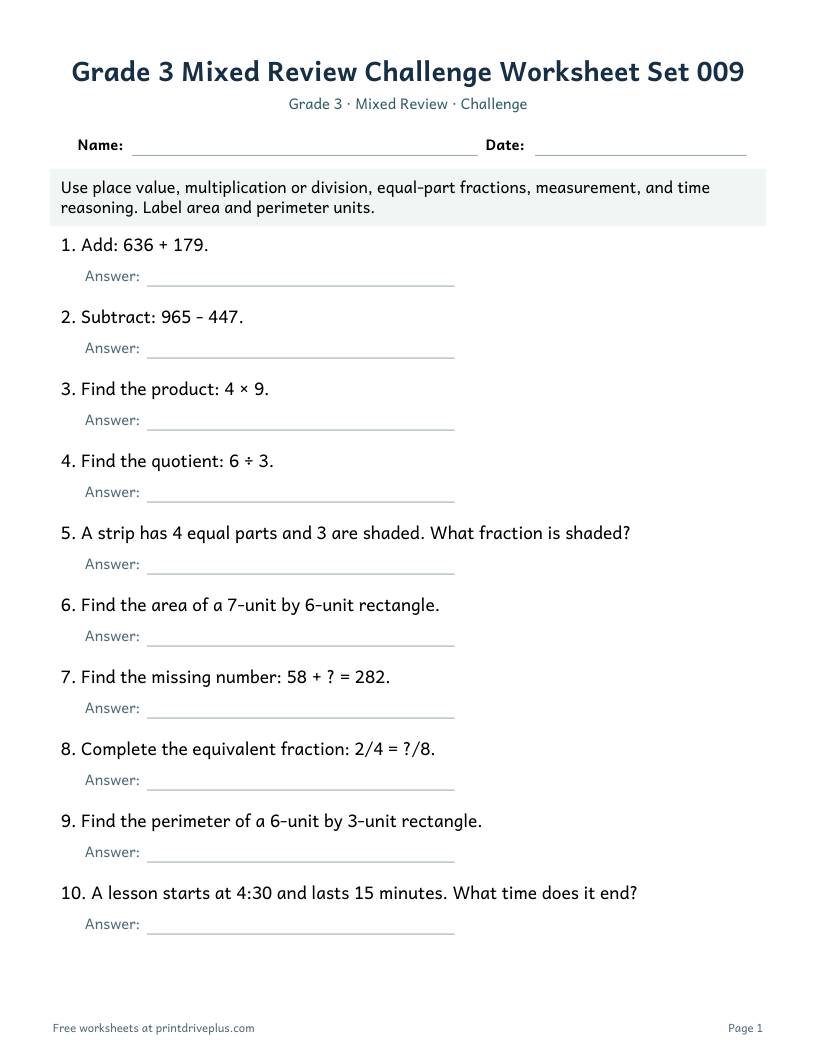 Preview of Grade 3 Mixed Review Challenge Worksheet Set 009