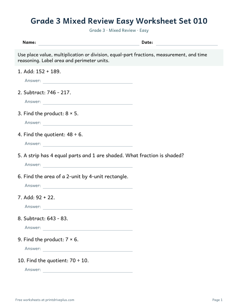 Preview of Grade 3 Mixed Review Easy Worksheet Set 010
