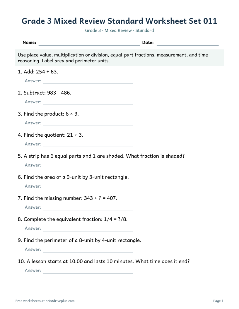Preview of Grade 3 Mixed Review Standard Worksheet Set 011