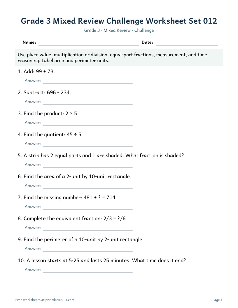Preview of Grade 3 Mixed Review Challenge Worksheet Set 012