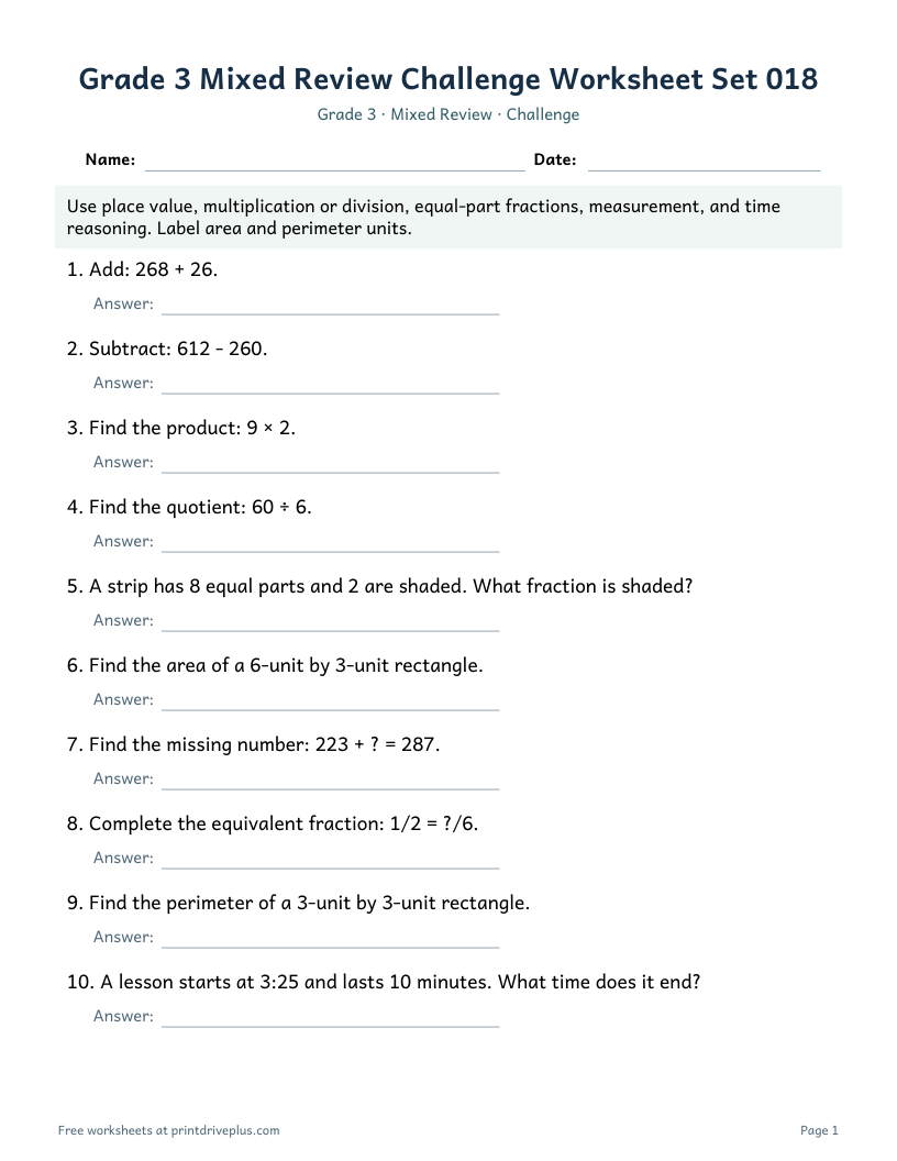 Preview of Grade 3 Mixed Review Challenge Worksheet Set 018