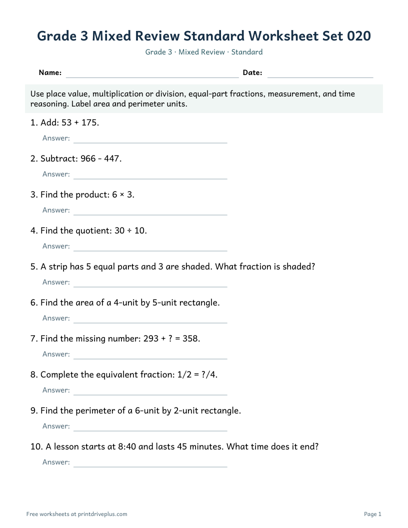 Preview of Grade 3 Mixed Review Standard Worksheet Set 020