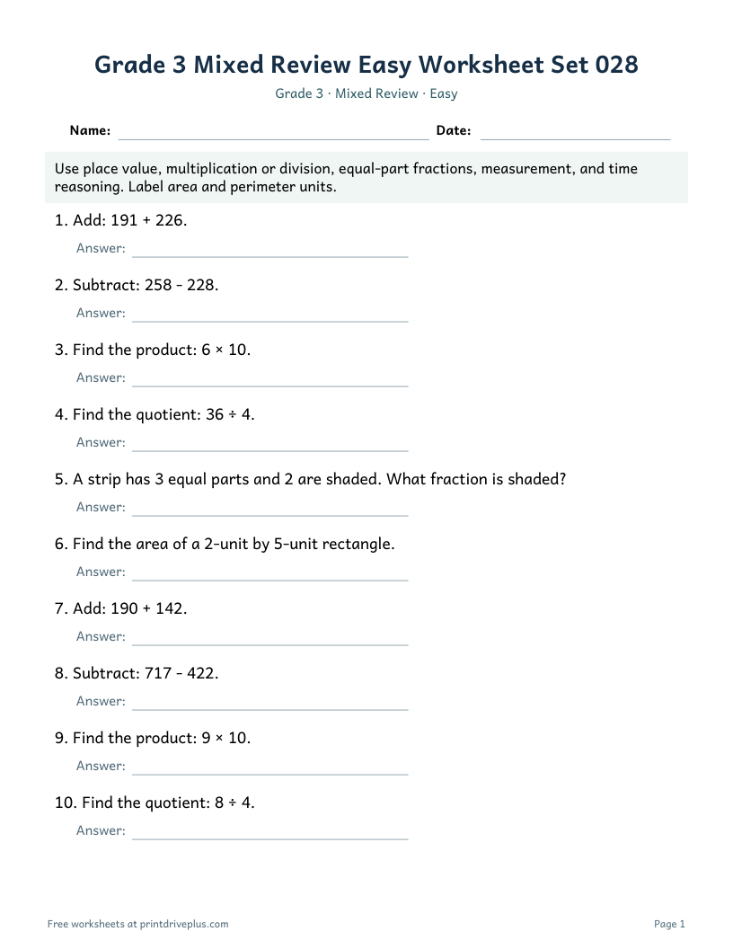 Preview of Grade 3 Mixed Review Easy Worksheet Set 028