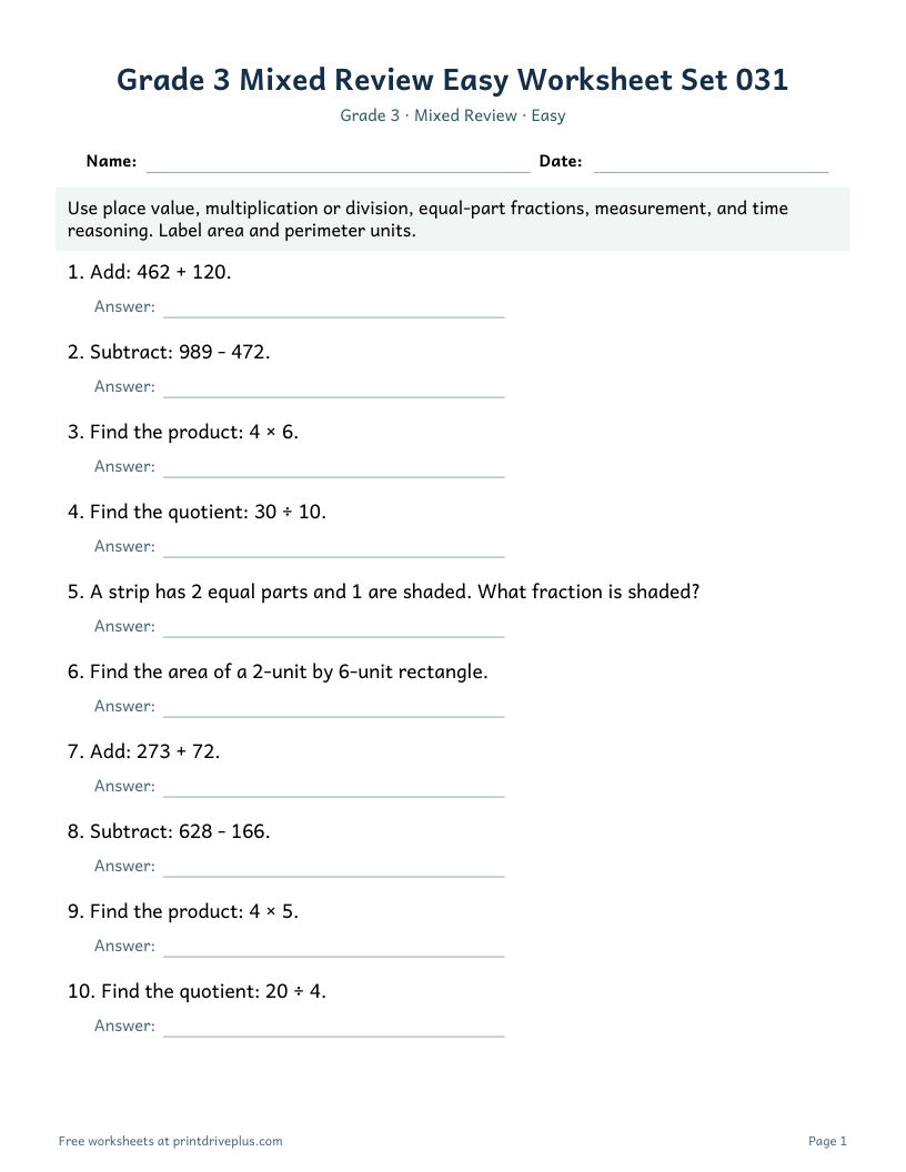 Preview of Grade 3 Mixed Review Easy Worksheet Set 031