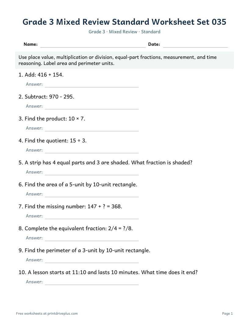 Preview of Grade 3 Mixed Review Standard Worksheet Set 035