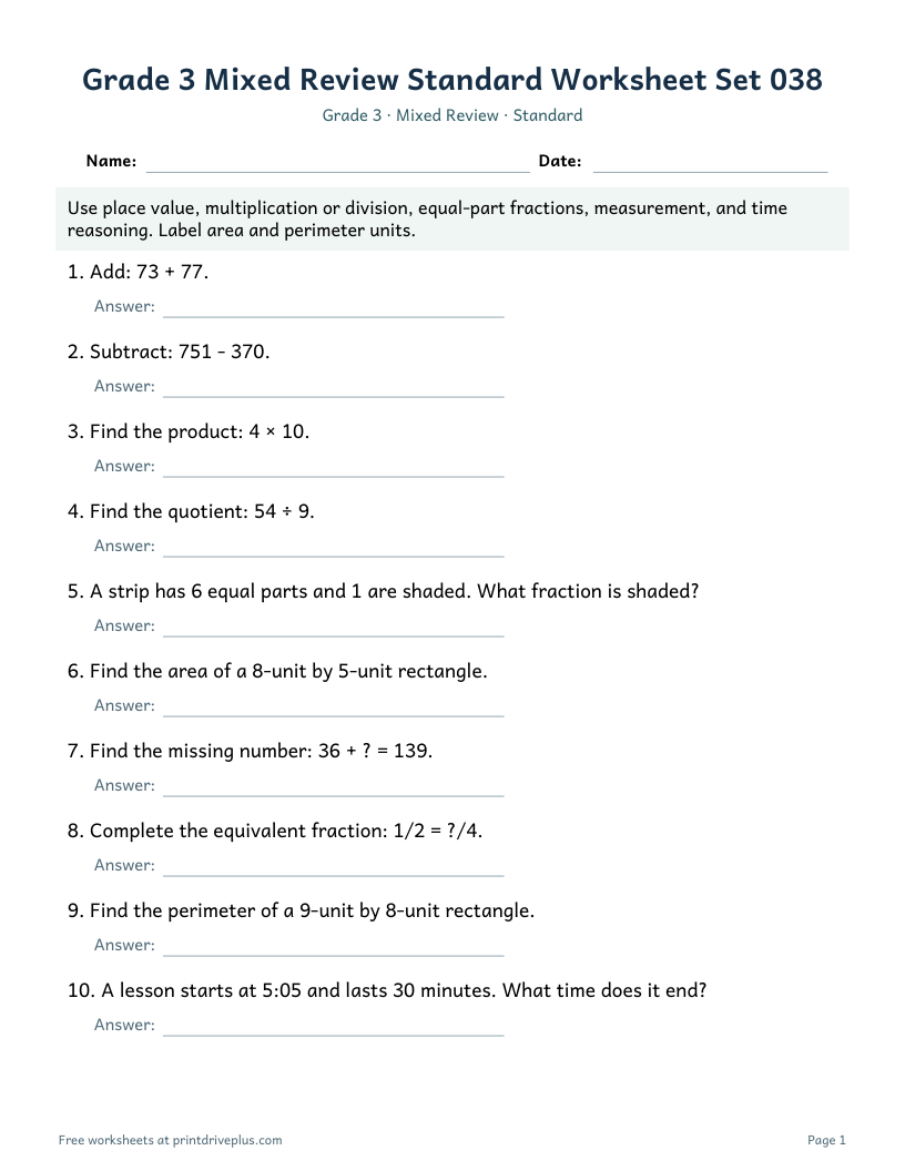 Preview of Grade 3 Mixed Review Standard Worksheet Set 038