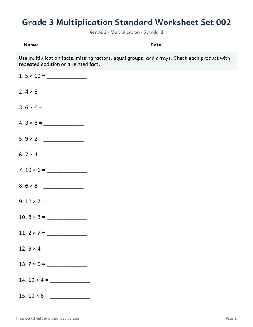Preview of Grade 3 Multiplication Standard Worksheet Set 002