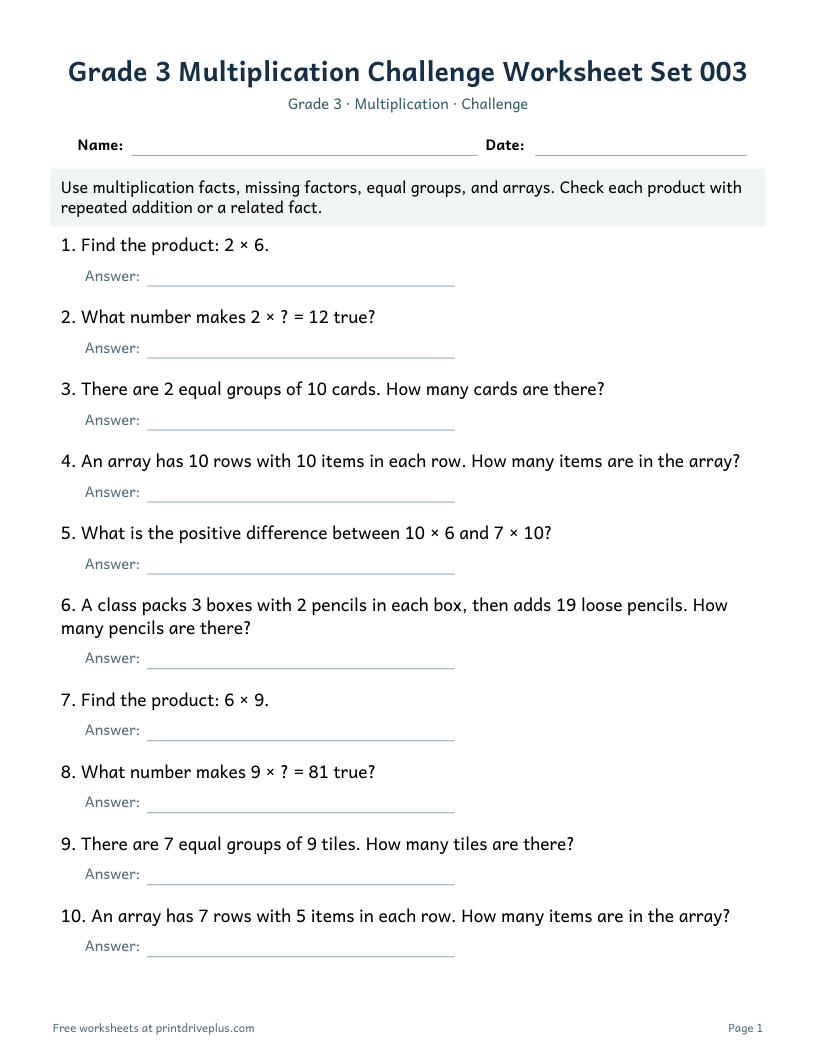 Preview of Grade 3 Multiplication Challenge Worksheet Set 003
