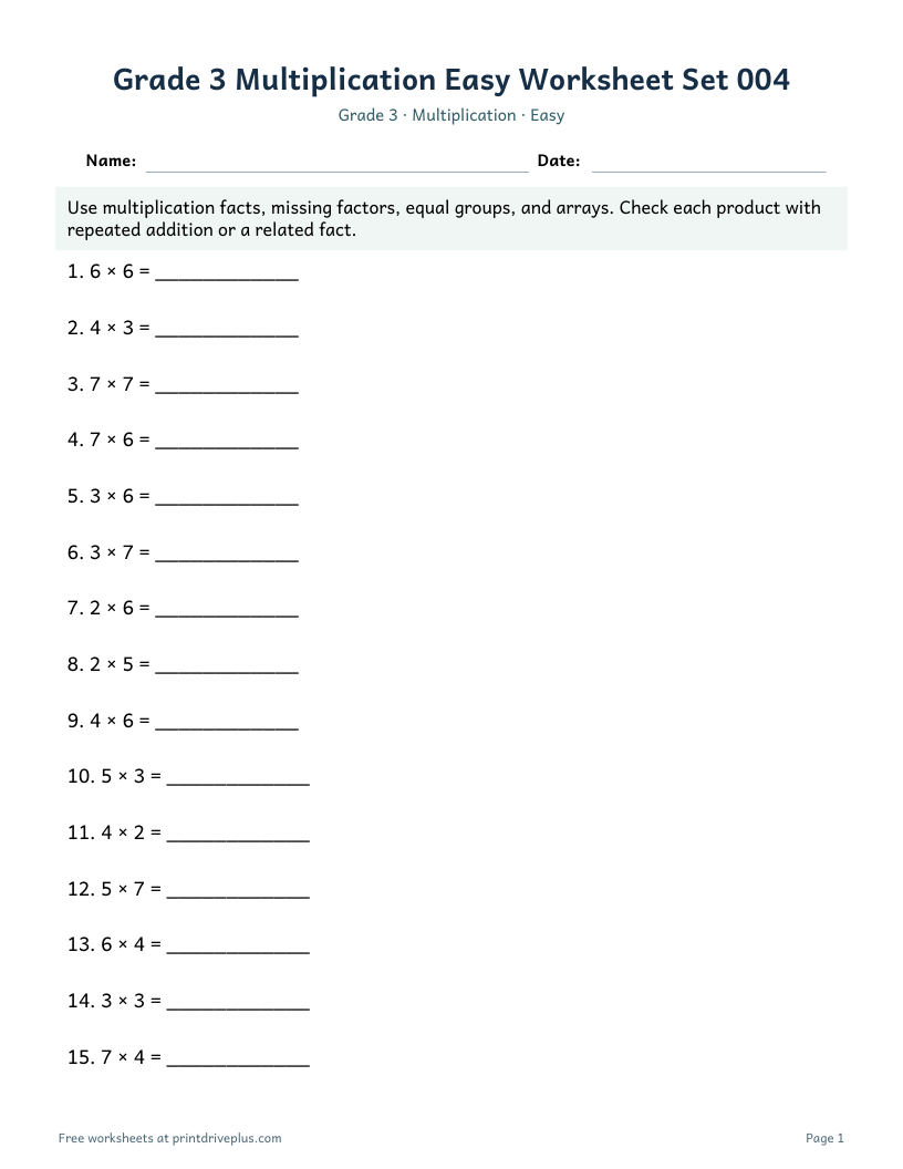 Preview of Grade 3 Multiplication Easy Worksheet Set 004