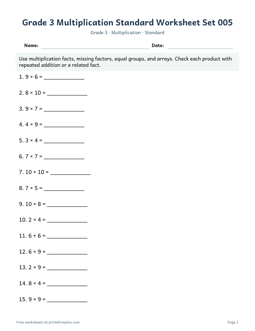 Preview of Grade 3 Multiplication Standard Worksheet Set 005