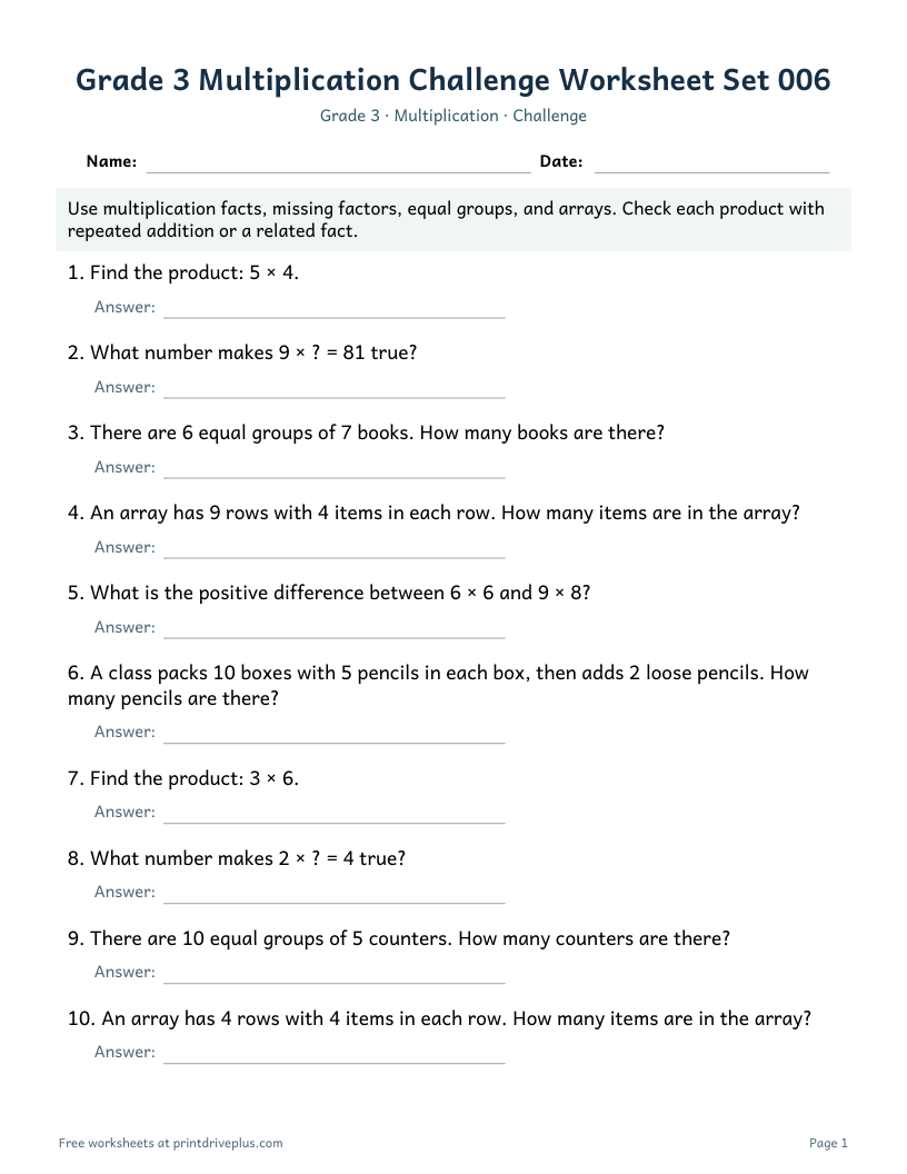 Preview of Grade 3 Multiplication Challenge Worksheet Set 006