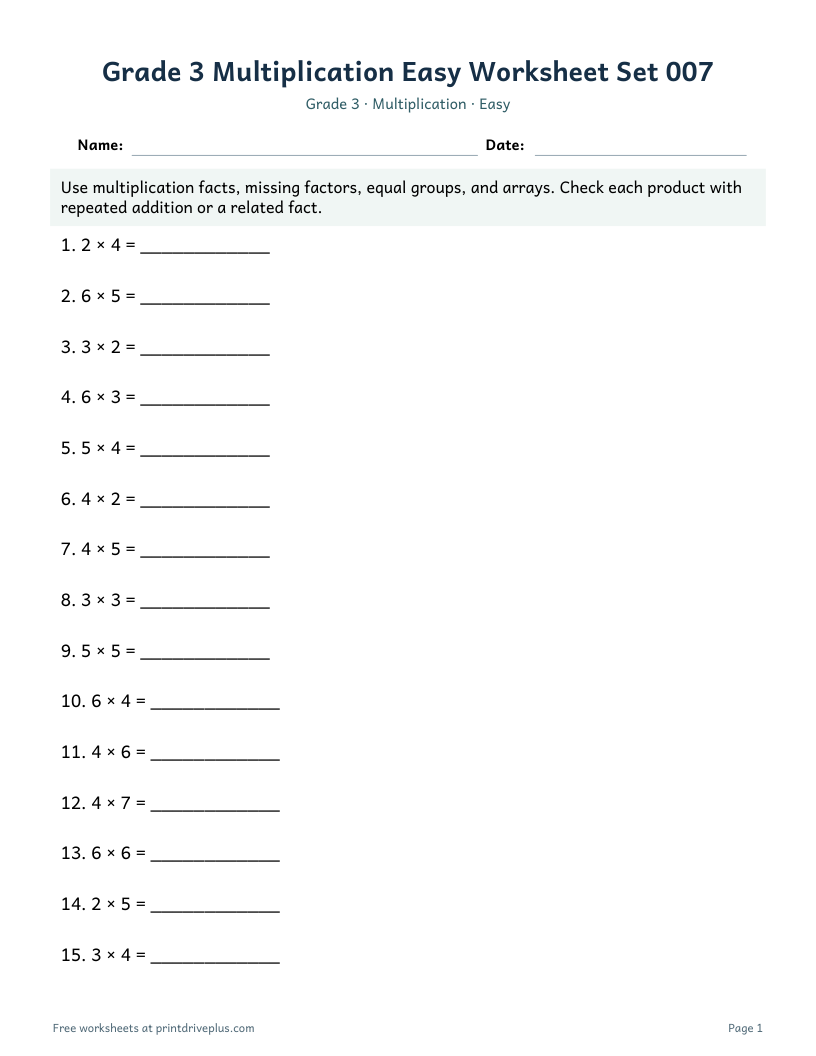 Preview of Grade 3 Multiplication Easy Worksheet Set 007