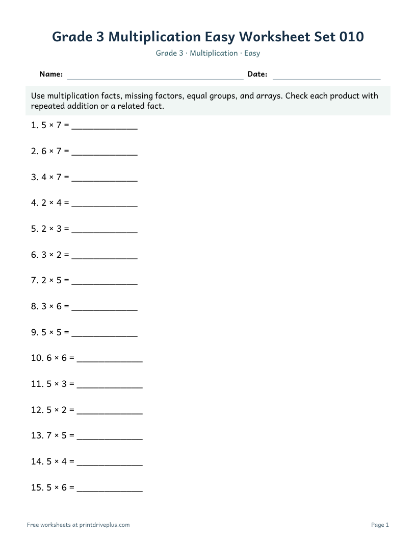 Preview of Grade 3 Multiplication Easy Worksheet Set 010